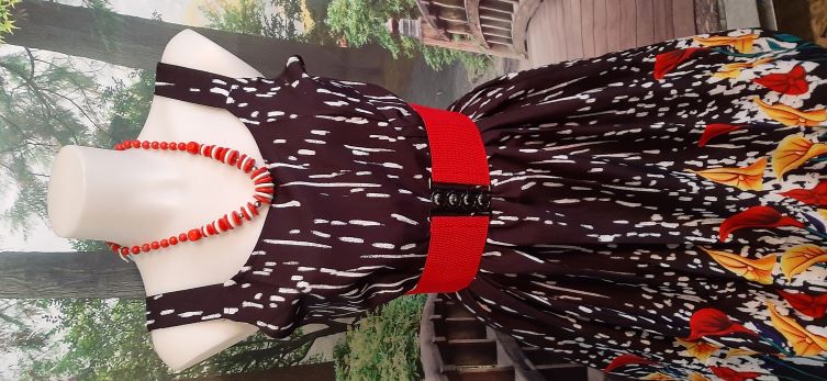 Retro Black Swing Dressd with Red and Yellow Antherium Floral Print on Bottom