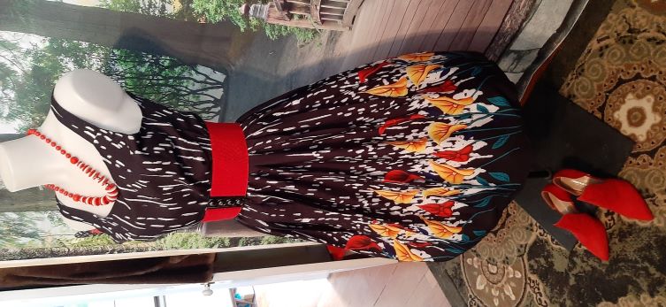 Retro Black Swing Dressd with Red and Yellow Antherium Floral Print on Bottom