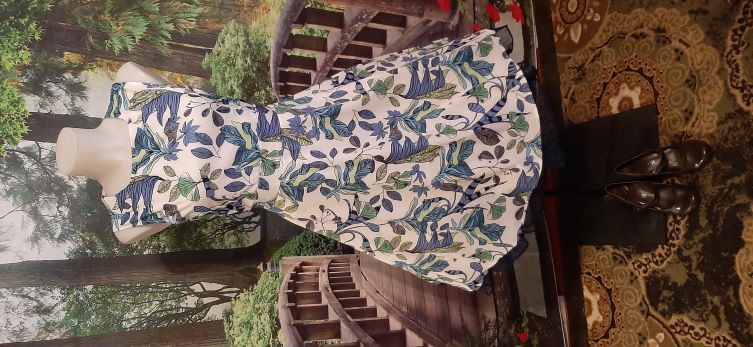 Retro White Swing Dress with Blue/Green/Gray Leaf Print 