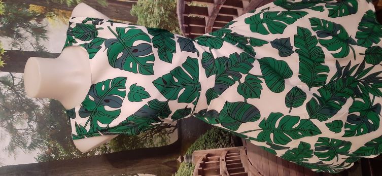 Retro White Swing Dress with a Green Palm Leaf Print 