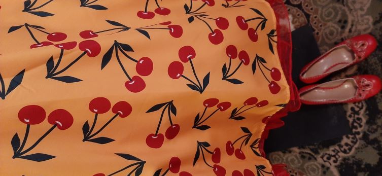 Retro Yellow Swing Dress with Red Cherry Print