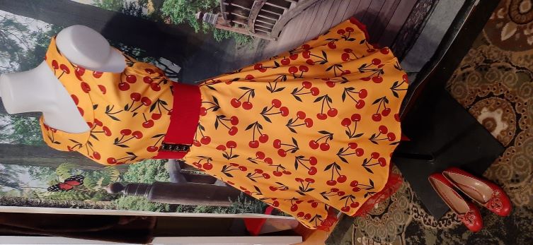 Retro Yellow Swing Dress with Red Cherry Print