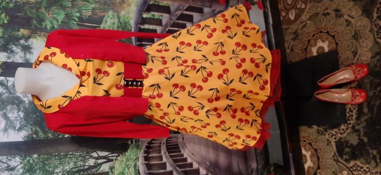 Retro Yellow Swing Dress with Red Cherry Print