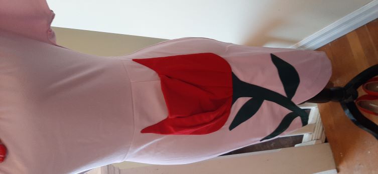 Retro Pink Wiggle Dress with a Red Rose on Front Pocket