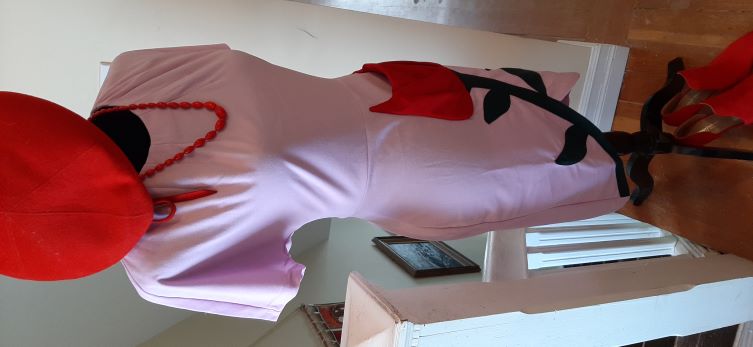 Retro Pink Wiggle Dress with a Red Rose on Front Pocket