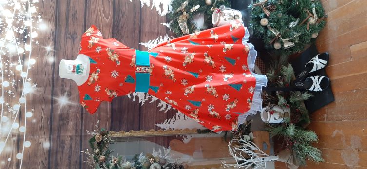 Retro Red Xmas Themed Swing Dress with Reindeer, Tree and Snowflake Print