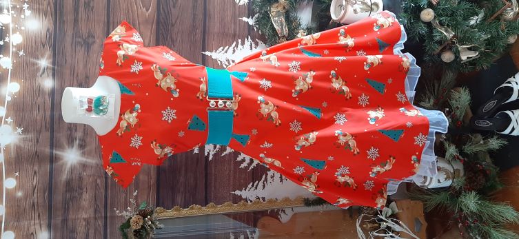 Retro Red Xmas Themed Swing Dress with Reindeer, Tree and Snowflake Print