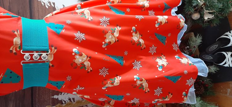 Retro Red Xmas Themed Swing Dress with Reindeer, Tree and Snowflake Print