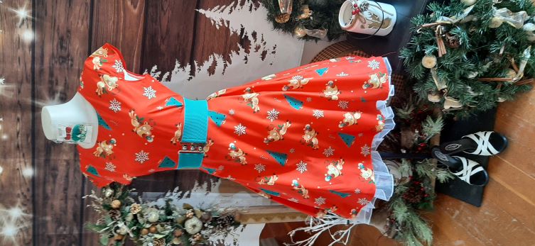 Retro Red Xmas Themed Swing Dress with Reindeer, Tree and Snowflake Print