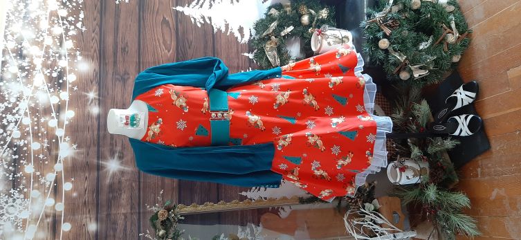 Retro Red Xmas Themed Swing Dress with Reindeer, Tree and Snowflake Print