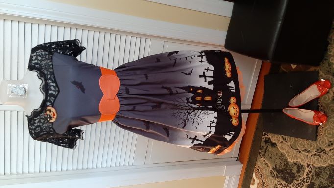 Retro Halloween Black Swing Dress with Black Mesh Neckline and Haunted House Border