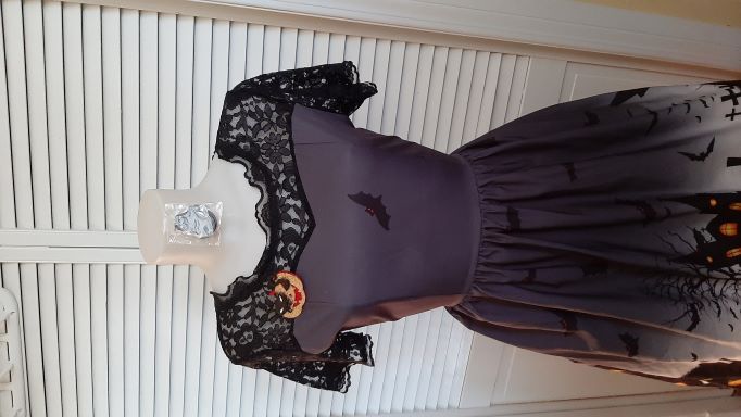 Retro Halloween Black Swing Dress with Black Mesh Neckline and Haunted House Border