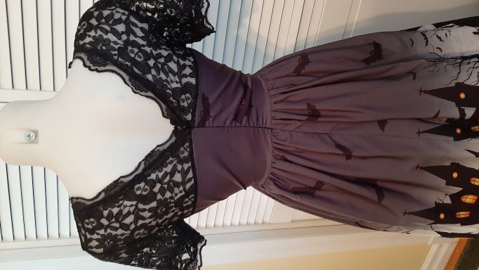 Retro Halloween Black Swing Dress with Black Mesh Neckline and Haunted House Border