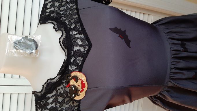 Retro Halloween Black Swing Dress with Black Mesh Neckline and Haunted House Border