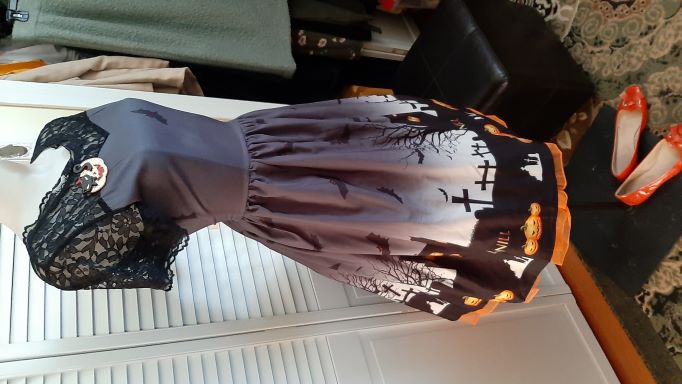 Retro Halloween Black Swing Dress with Black Mesh Neckline and Haunted House Border