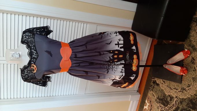 Retro Halloween Black Swing Dress with Black Mesh Neckline and Haunted House Border