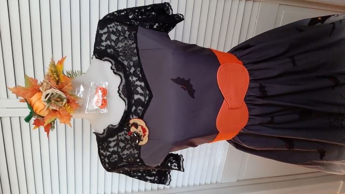 Retro Halloween Black Swing Dress with Black Mesh Neckline and Haunted House Border