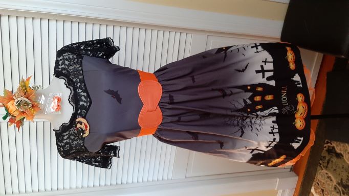 Retro Halloween Black Swing Dress with Black Mesh Neckline and Haunted House Border