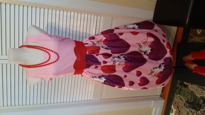 Retro Pink Swing Dress with Purple Hearts & Cats print