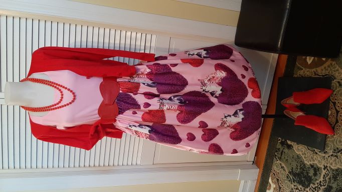 Retro Pink Swing Dress with Purple Hearts & Cats print