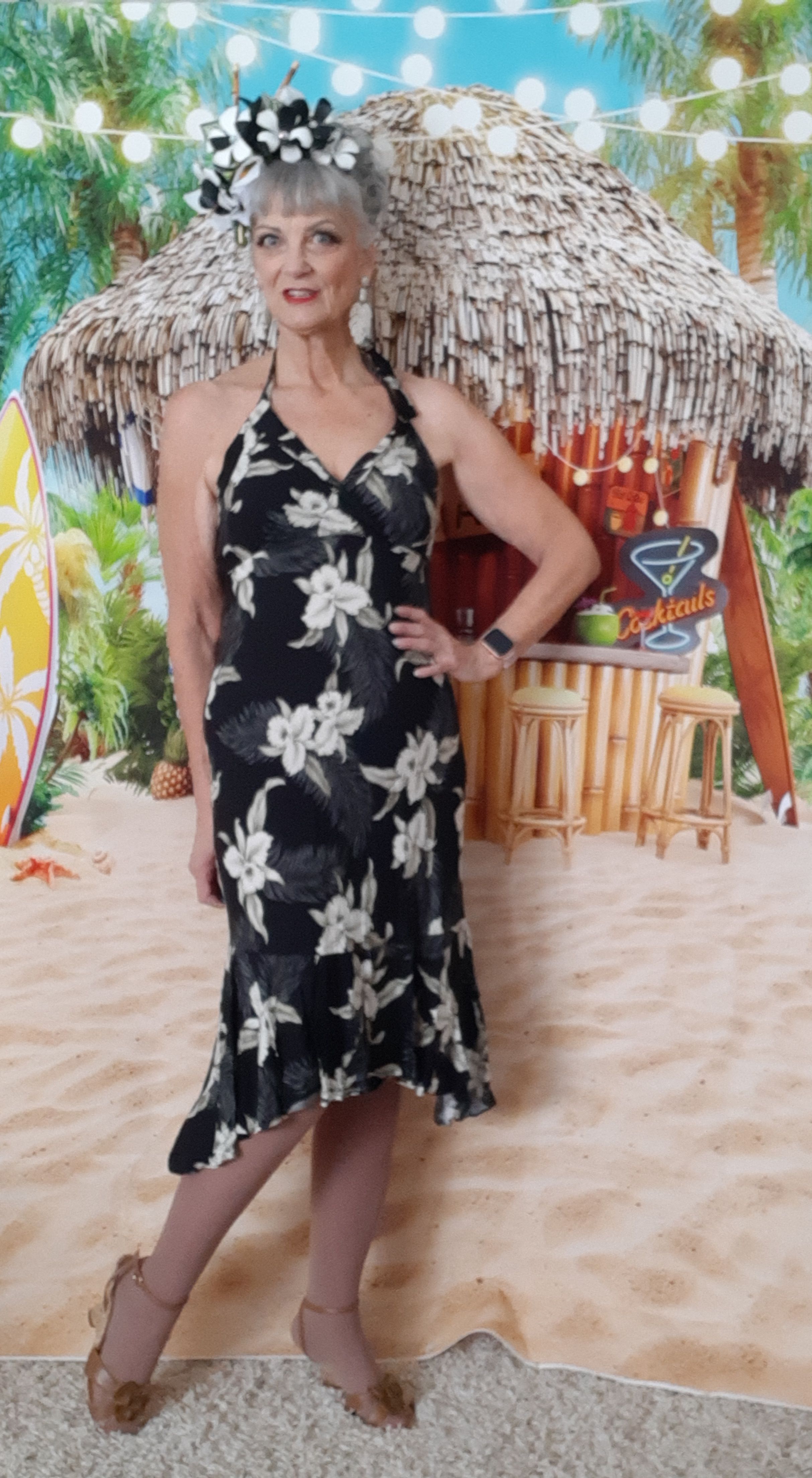 Vintage - Tiki style Black Halter with White Orchid Wiggle Dress 