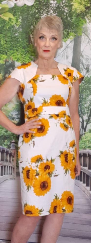 White with Yellow Sunflower Wiggle Dress
