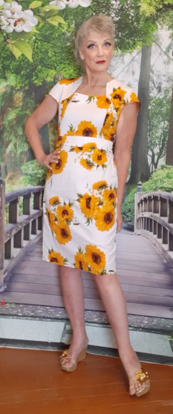 White with Yellow Sunflower Wiggle Dress