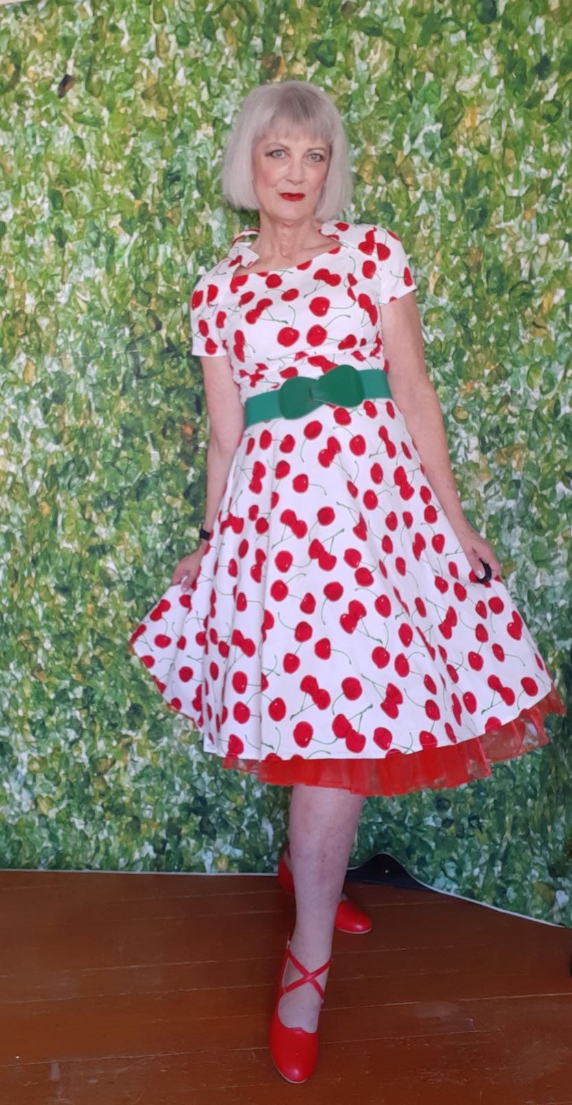 White Red Cherry Tie Swing Dress