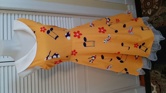 ONE OF's - Yellow Swing Dress with Notes, Flowers and Shoes print