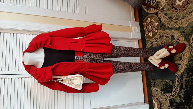 Leopard Leggings with Red Pea Coat Look