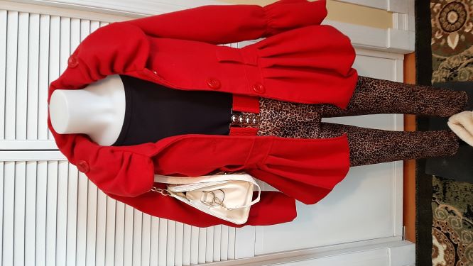 Leopard Leggings with Red Pea Coat Look