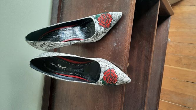 Black and White Floral print Stiletto Heels with Red Rose  