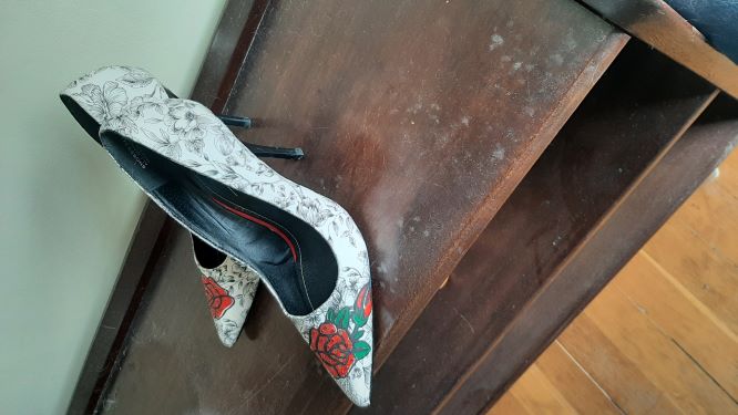 Black and White Floral print Stiletto Heels with Red Rose  