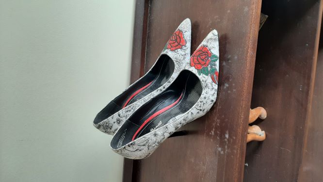 Black and White Floral print Stiletto Heels with Red Rose  