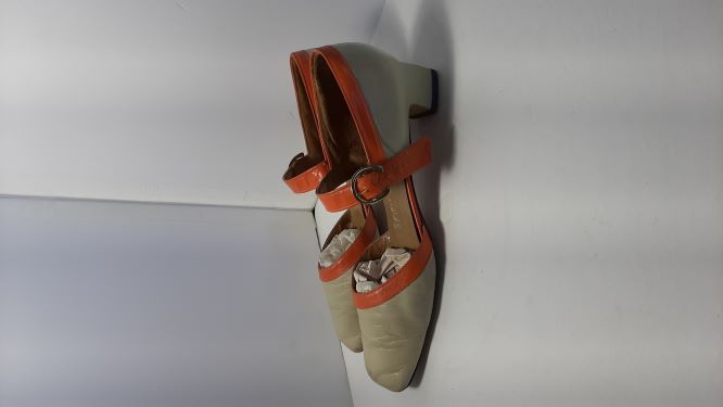 Vintage Cream & Orange Trim Low Heeled Leather Mary Jane Shoes