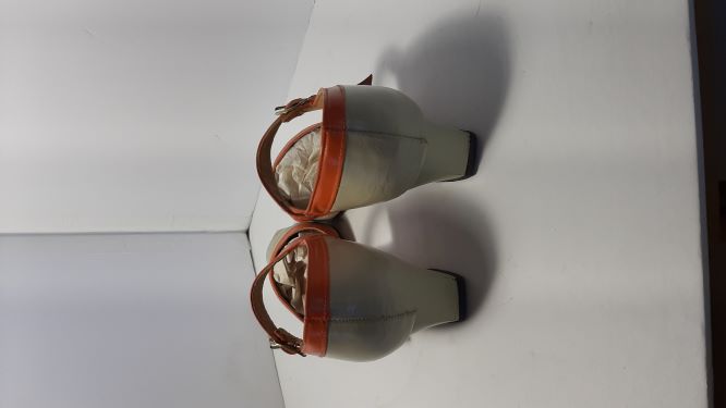 Vintage Cream & Orange Trim Low Heeled Leather Mary Jane Shoes