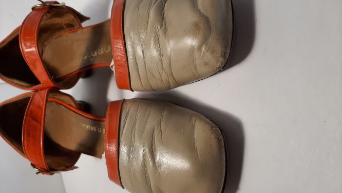 Vintage Cream & Orange Trim Low Heeled Leather Mary Jane Shoes