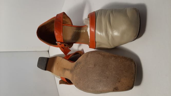 Vintage Cream & Orange Trim Low Heeled Leather Mary Jane Shoes