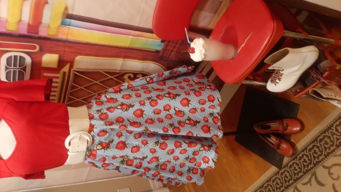 Retro Blue Swing Skirt with Strawberry Print