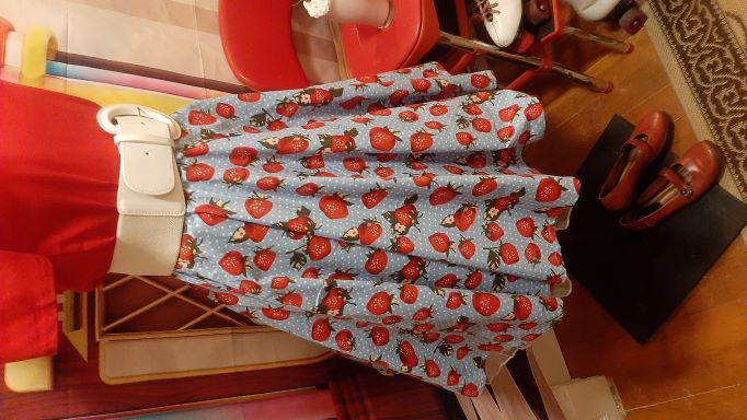 Retro Blue Swing Skirt with Strawberry Print