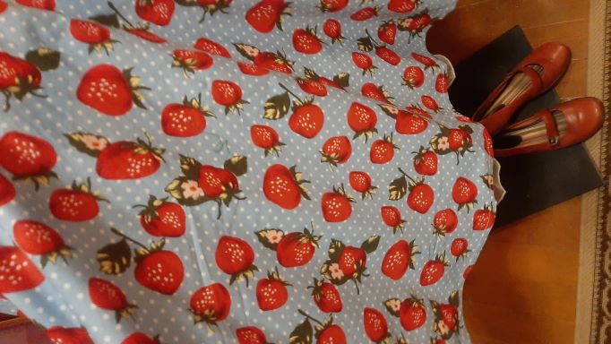 Retro Blue Swing Skirt with Strawberry Print