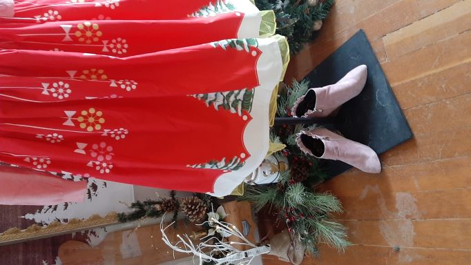 Retro Red Xmas Themed Swing Skirt with Green Tree Border