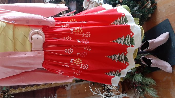 Retro Red Xmas Themed Swing Skirt with Green Tree Border