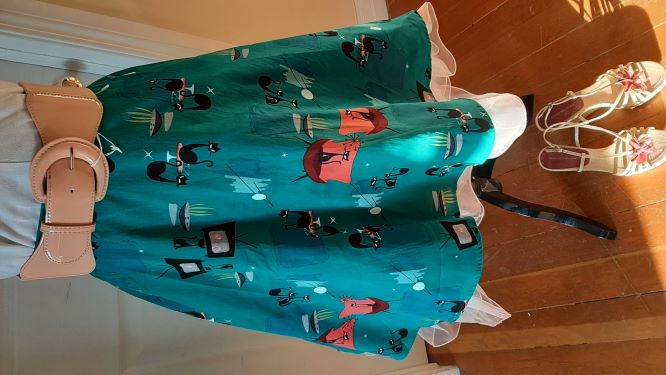 Teal Swing Skirt with Cosmic Cats in Black